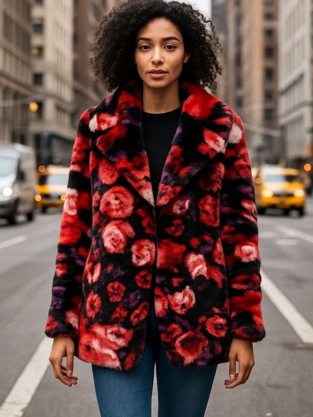 Women's Guess Melanie Floral Faux-Fur Print Size S Black Red Floral